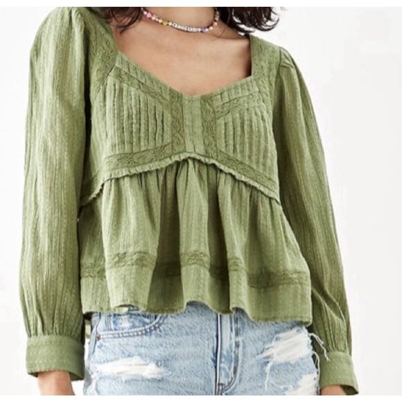 American Eagle Outfitters Tops - American Eagle Baby Doll Peasant Top Womens S Green 100% Cotton Crepe Lace Cute